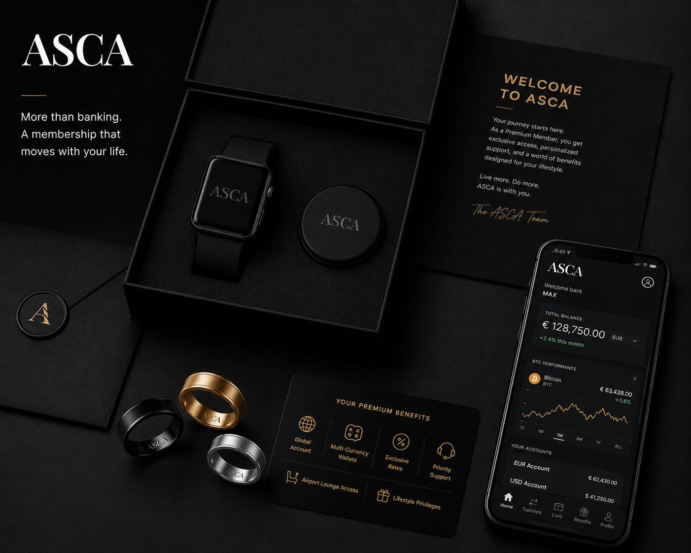 ASCA membership package with silver, black and gold payment rings, benefits card and the mobile banking app
